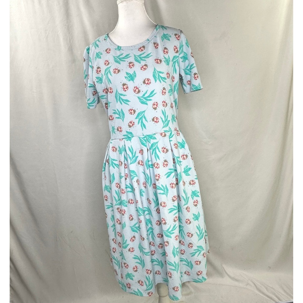 LuLaRoe Women XL Amelia Dress Light Blue Ladybug Print Cottagecore Whimsical